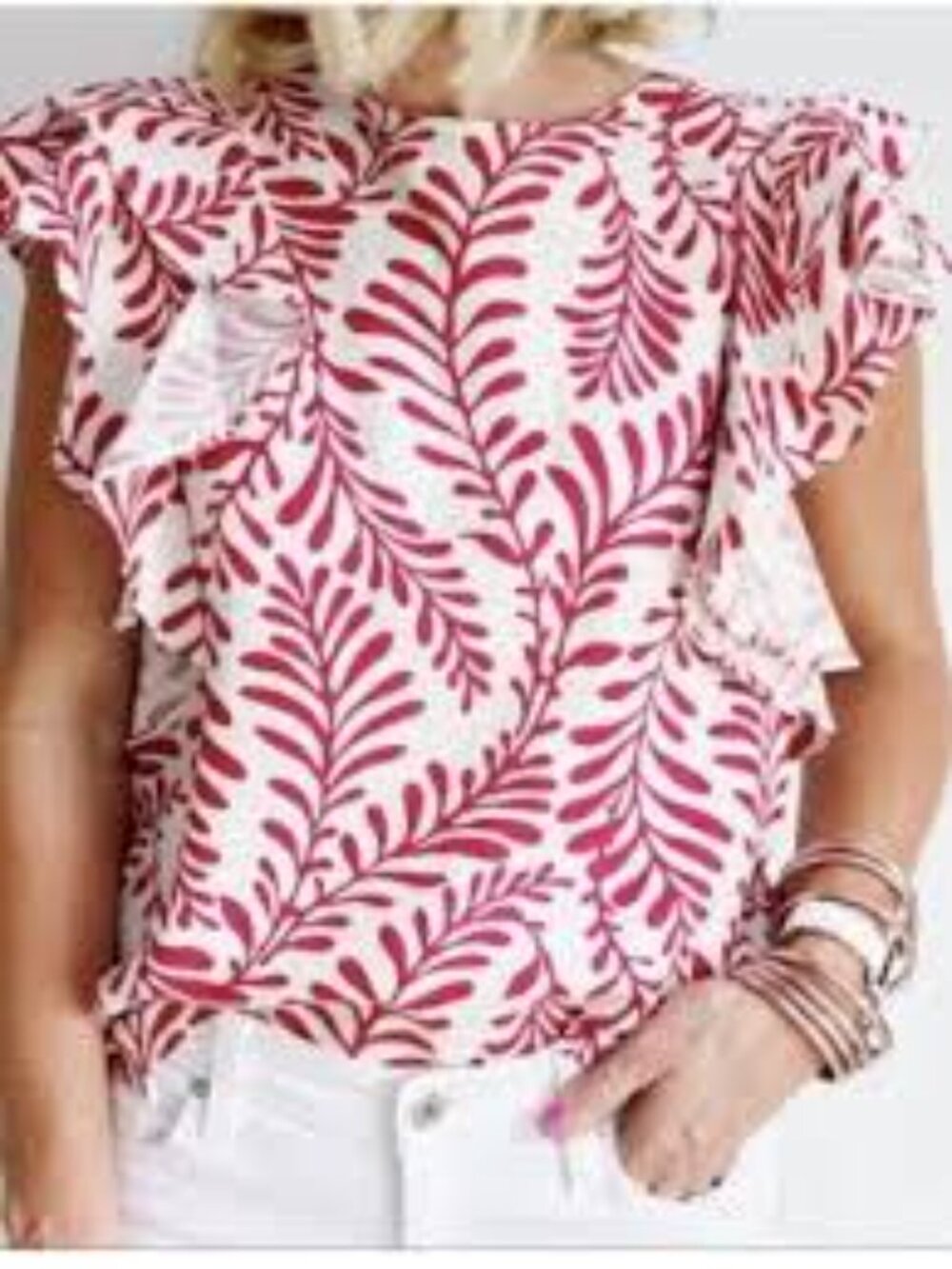Who What Wear Linen Blend Button Back Tropical Print Flutter Sleeve Red/White 1X